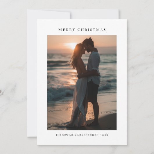 ビーチの新婚クリスマスの熱帯サンセット写真 シーズンカード (正面)