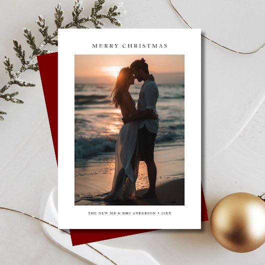 ビーチの新婚クリスマスの熱帯サンセット写真 シーズンカード