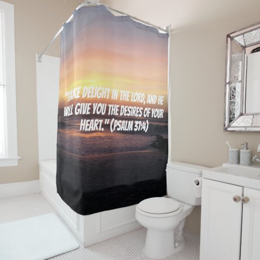 ビーチの日没のプリントのキリスト教の信頼の引用文 シャワーカーテン (インサイチュ)