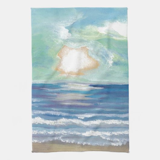 ビーチの日没の海の海の波の日曜日のギフト キッチンタオル (縦)