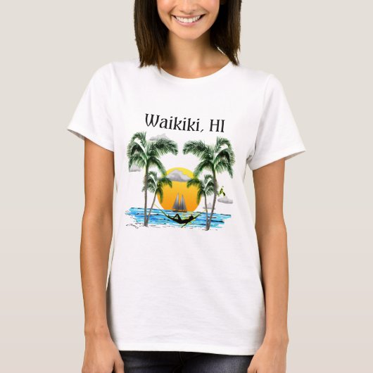 ビーチの日没Waikikiハワイ Tシャツ (正面)