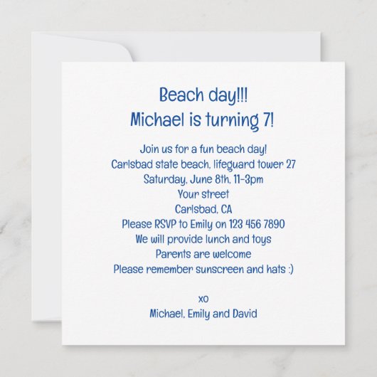 ビーチの日、ビーチの誕生日パーティー、サメの誕生日 招待状 (裏面)