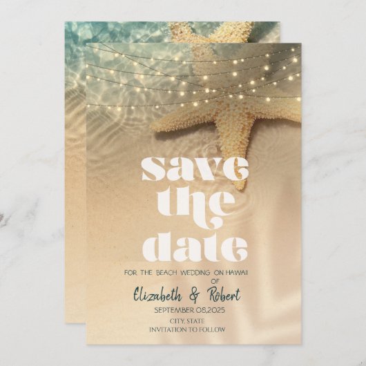 ビーチの星の文字列のライト日付を保存 セーブザデート (正面/裏面)