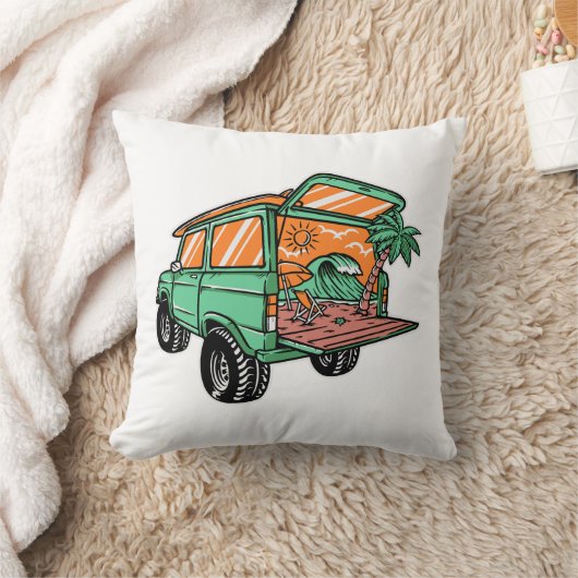 ビーチの景色を車から眺める イラスト 夏の楽しみ クッション (ブランケット)