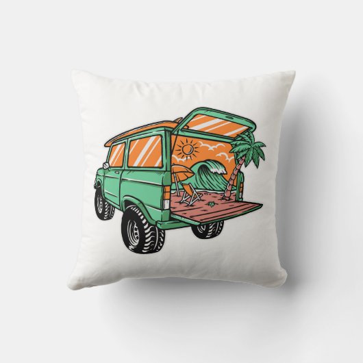 ビーチの景色を車から眺める イラスト 夏の楽しみ クッション (裏面)