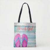 ビーチの木製のティール（緑がかった色）のピンクのビーチサンダルのトートバック トートバッグ (正面)