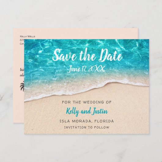 ビーチの水と砂が日付を節約 案内ポストカード (正面/裏面)
