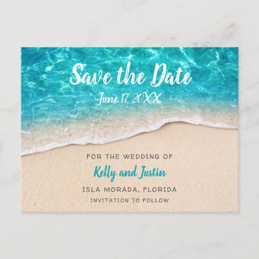 ビーチの水と砂が日付を節約 案内ポストカード (正面)
