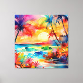 ビーチの水の色のシーンに夕日 キャンバスプリント (正面)