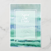 ビーチの水の色を保存する日付フォトブルースコースト 箔シーズンカード (正面)
