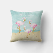 ビーチの水彩画のピンクのフラミンゴ クッション (裏面)