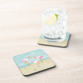ビーチの水彩画のピンクのフラミンゴ コースター (右側)