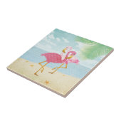 ビーチの水彩画のピンクのフラミンゴ タイル (側面)