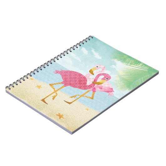 ビーチの水彩画のピンクのフラミンゴ ノートブック (左側)