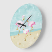 ビーチの水彩画のピンクのフラミンゴ ラージ壁時計 (傾斜)