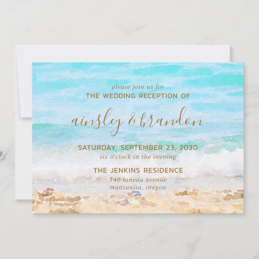 ビーチの水彩画 ウェディング レセプション招待状 招待状 (正面)