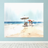 ビーチの水辺の人と傘の風景 キャンバスプリント (インサイチュ (ウッドフロア))