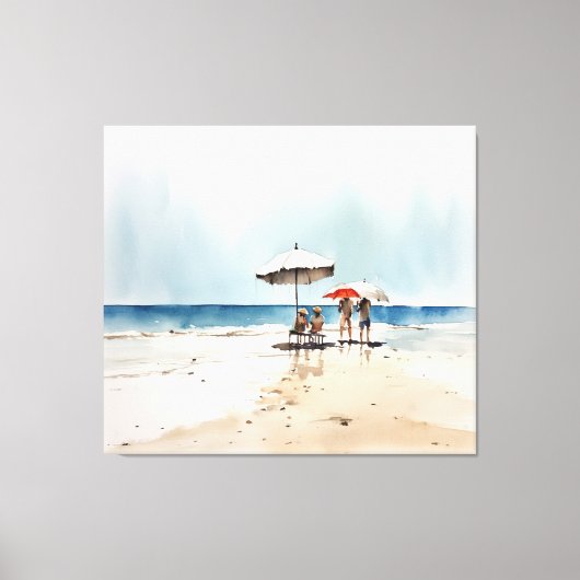 ビーチの水辺の人と傘の風景 キャンバスプリント (正面)