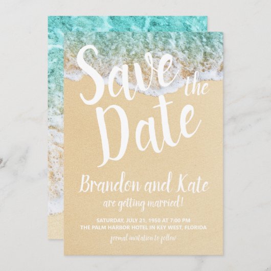 ビーチの波と砂のSave the Date 招待状 (正面/裏面)