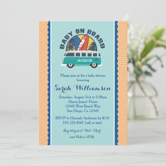 ビーチの波のサーフボードの男の赤ちゃんのシャワーの招待状 招待状 (スタンド正面)