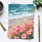 ビーチの波 水彩 ピンクの花のペイント カード