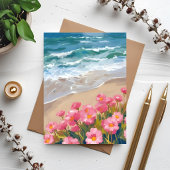 ビーチの波 水彩 ピンクの花のペイント カード