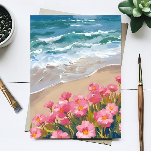 ビーチの波 水彩 ピンクの花 岸辺の絵 ポストカード
