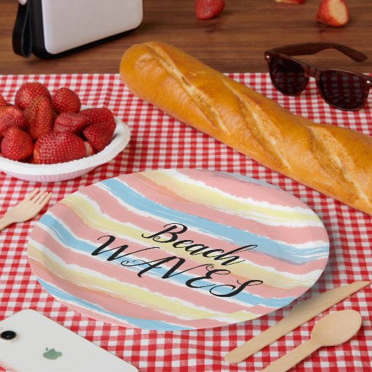 ビーチの波 黄色 ピンク 青 水彩 ペーパープレート (ピクニック)