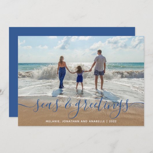 ビーチの海と挨拶の手書きスクリプトブルー シーズンカード (正面/裏面)