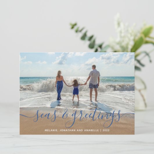 ビーチの海と挨拶の手書きスクリプトブルー シーズンカード (スタンド正面)