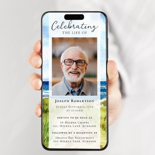 ビーチの海の写真の葬儀 デジタル招待状 招待状