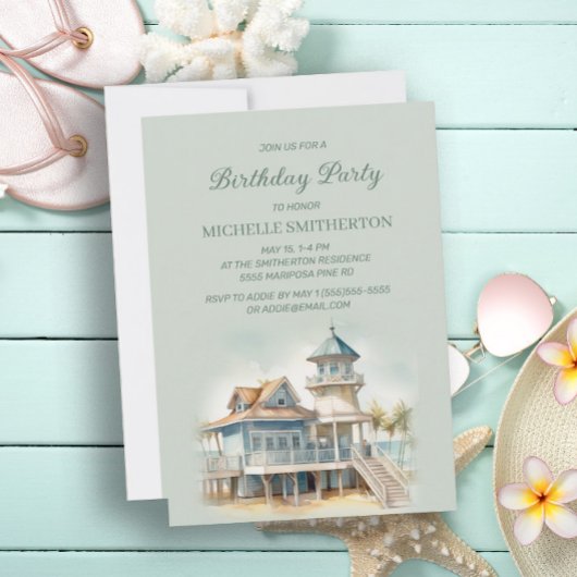 ビーチの海辺の家のヤシの木の誕生日 招待状