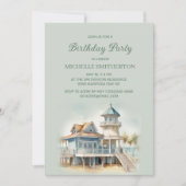 ビーチの海辺の家のヤシの木の誕生日 招待状 (正面)