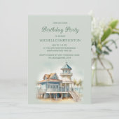 ビーチの海辺の家のヤシの木の誕生日 招待状 (スタンド正面)