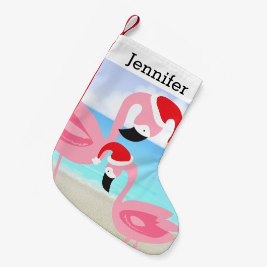 ビーチの熱帯クリスマスのフラミンゴの鳥 スモールクリスマスストッキング (正面 (吊り時))