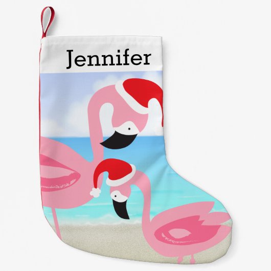ビーチの熱帯クリスマスのフラミンゴの鳥 スモールクリスマスストッキング (正面)