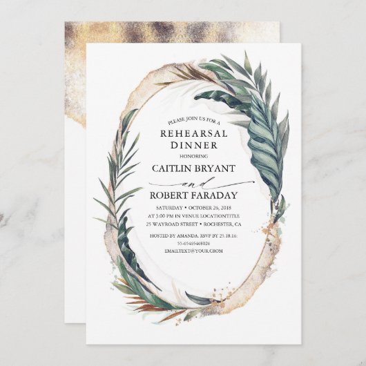 ビーチの熱帯シュロの葉の金ゴールドのリハーサルの夕食 招待状 (正面/裏面)