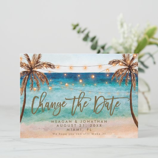 ビーチの熱帯ヤシの木は日付カードを変更する サンキューカード (スタンド正面)