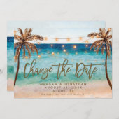 ビーチの熱帯ヤシの木は日付カードを変更する サンキューカード (正面/裏面)