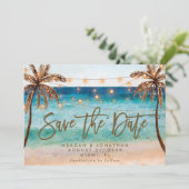 ビーチの熱帯性のヤシの木は日付カードを保存 サンキューカード (スタンド正面)