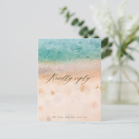 ビーチの熱帯結婚式のrsvpの郵便はがき インビテーションポストカード (スタンド正面)