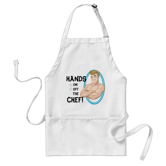 ビーチの男の子のサーファーの男の漫画筋肉人のシェフの調理師 スタンダードエプロン (正面)