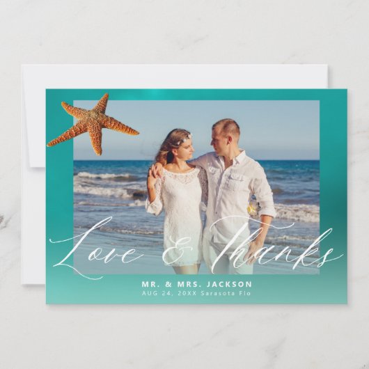 ビーチの目的地の結婚式のヒトデのカスタム写真 サンキューカード (正面)