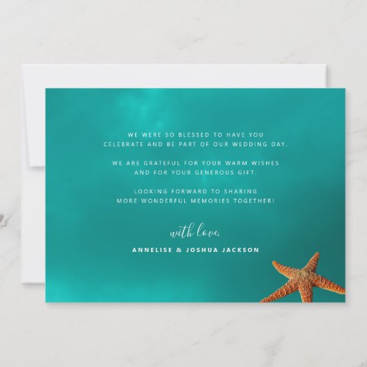 ビーチの目的地の結婚式のヒトデのカスタム写真 サンキューカード (裏面)