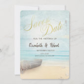 ビーチの砂と船と灯台　大切な日にお知らせ セーブザデート (正面)