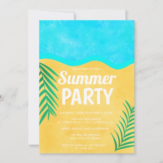 ビーチの砂のヤシの木の熱帯おもしろいの夏のパーティー 招待状 (正面)