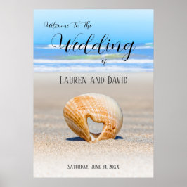 ビーチの砂の上にハートを置いた貝殻 ポスター