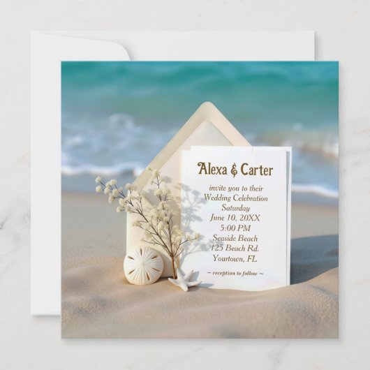 ビーチの砂の上の結婚式招待状(ヒトデ付き) セーブザデート (正面)