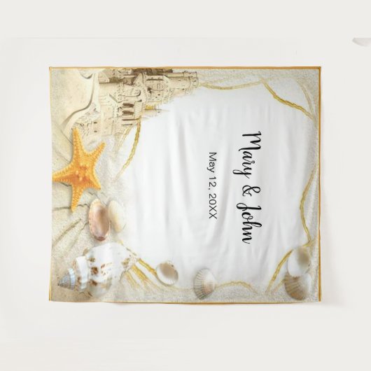 ビーチの砂の城のウェディングフォトバックドロップ タペストリー (正面(横))