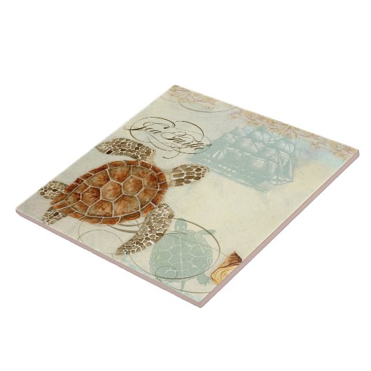 ビーチの砂の海岸のコラージュのカメのタツノオトシゴの貝 タイル (側面)